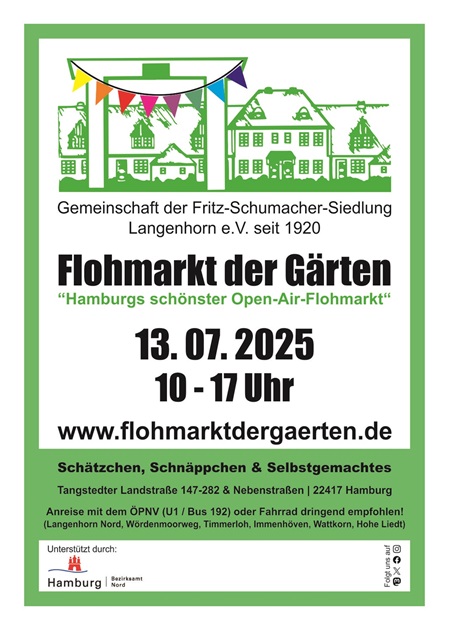 Es zeigt unser offizielles Werbeplaket in DIN A6 mit grünen Hintergrund un einem weißen Textbereich in dem oben unsere Siedlungs-Skyline in grün ist. Darunter steht Flohmarkt der Gärten 13.07.2025 10 bis 17 Uhr. darunter in schwarzer Schrift auf grünen Hintergrund Anreiseinformationen.